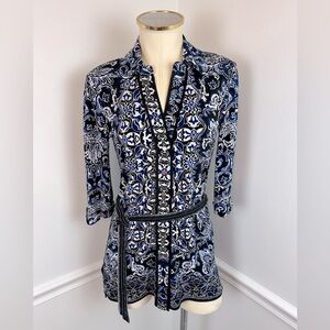 WHITE HOUSE BLACK MARKET Navy, Black & White Tunic Top Waist Tie | Size XXS